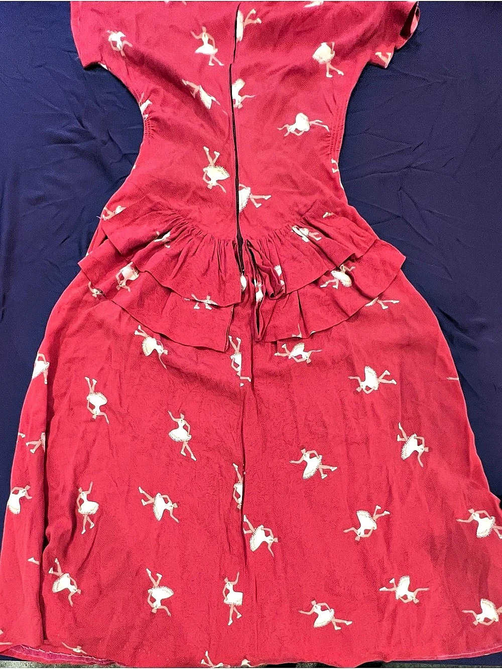 Vintage 1940s Red Novelty Print Dancing Ballerina Dress 💃 Ruffle Tiered Skirt S